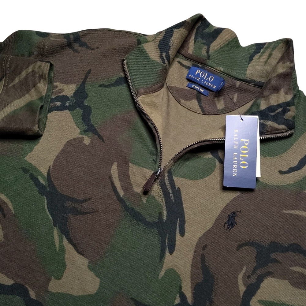Polo Ralph Lauren Pullover Mens L Green New Camo Estate Rib 1/4 Zip Logo